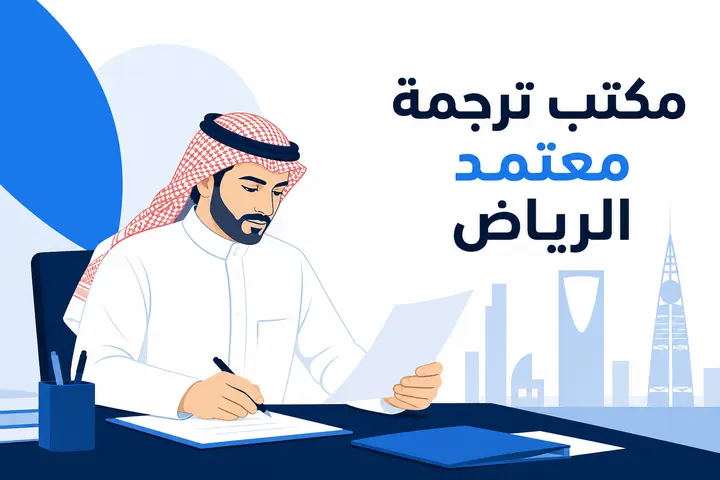 مكتب ترجمة معتمد الرياض — تصميم توضيحي لموظف سعودي يراجع المستندات